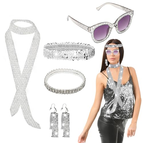 RANJIMA Disco Accessoires, 70er jahre Outfit Damen Disco Glitzer Accessoires Pailletten Sonnenbrille Haarband Ohrringe Halskett Armband,70er 80er Jahre Glitzer Accessoires für Fasching Karneval Kostüm von RANJIMA