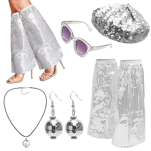 RANJIMA 60er 70er Jahre Disco Kostüm Damen, Disco Accessoires Kostüm Glitzer Baskenmütze Hippie Kostüm Zubehör Set mit Hut Pailletten Stulpen Sonnenbrille Accessoires für Karneval,Mottoparty,Fasching von RANJIMA