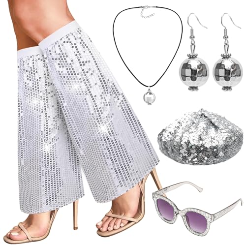 RANJIMA 60er 70er Jahre Disco Kostüm Damen, Disco Accessoires Kostüm Glitzer Baskenmütze Hippie Kostüm Zubehör Set mit Hut Pailletten Stulpen Sonnenbrille Accessoires für Karneval,Mottoparty,Fasching von RANJIMA