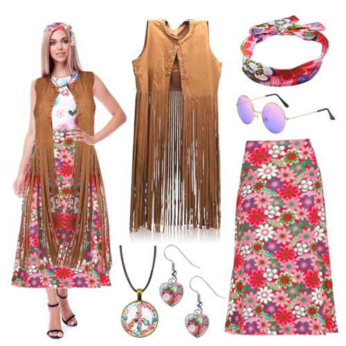 RANJIMA 60er 70er Jahre Hippie Kostüm Damen,Hippie Damen Kleid Set mit Fransenweste Hippie Accessoires, Kleidung Bekleidung Disco Outfit Damen Mädchen Faschingskostüm für Karneval Party (L) von RANJIMA