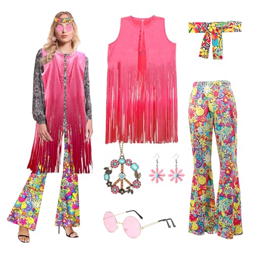 RANJIMA 60er 70er Jahre Hippie Kostüm Damen Set, 7 Stück Hippie Kleid Kostüm Damen mit Fransenweste und Schlaghose,70er Hippie Accessoires Kleidung Bekleidung Disco Outfit für Karneval (L) von RANJIMA