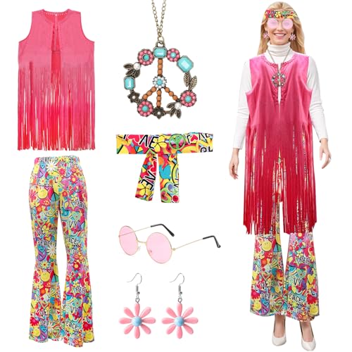 RANJIMA Hippie Kostüm Damen Set, Karneval Kostüm Damen Hippie, 60er 70er Jahre Bekleidung Damen Hippie Weste, Hippie Accessoires Brille Kette Haarband Ohrringe, Disco Outfit Hippie Faschingskostüme von RANJIMA