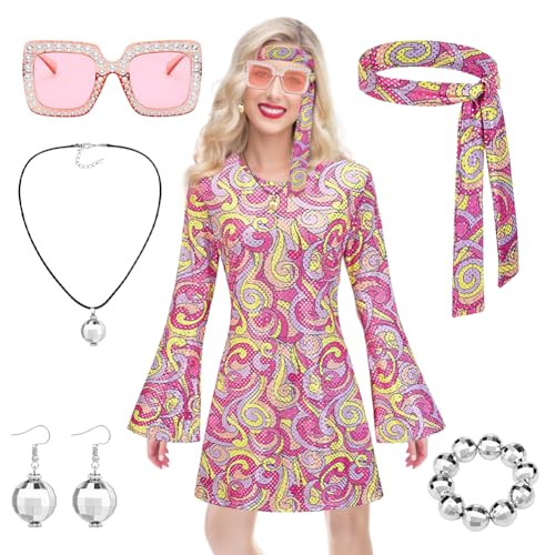 RANJIMA 7 Stück Hippie Kostüm Damen Set, 60er Jahre Hippie Kleid Kostüm Damen, 70er Jahre Hippie Bekleidung Damen Disco Outfit, 60er Party Kostüm Hippie Damen Frauen für Karneval Halloween Party (XL) von RANJIMA