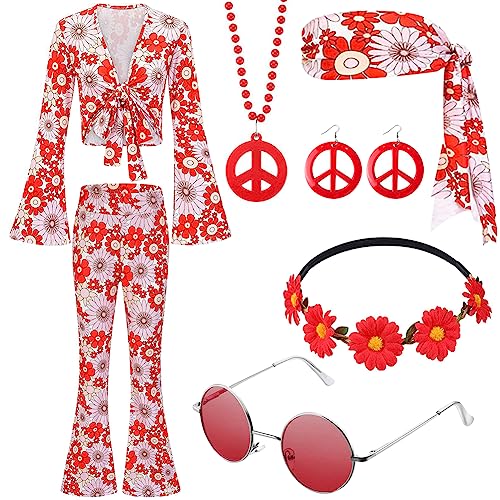 RANJIMA 8 Stück Hippie Kostüm Damen Set, 60er 70er Jahre Hippie Kleidung Damen, 70er Jahre Hippie Bekleidung Damen Disco Outfit, Kostüm Hippie Damen Frauen mit Schlaghose für Halloween Karneval Party von RANJIMA