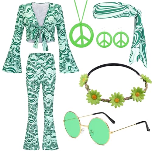 RANJIMA 8 Stück Hippie Kostüm Damen Set, 60er Jahre Hippie Kleidung Damen, 70er Jahre Hippie Bekleidung Damen Disco Outfit,Kostüm Hippie Damen Frauen mit Schlaghose für Halloween Party (L) von RANJIMA