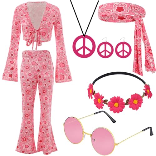 RANJIMA 8 Stück Hippie Kostüm Damen Set,60er Jahre Hippie Kleidung Damen,70er Jahre Hippie Bekleidung Damen Disco Outfit, Kostüm Hippie Damen Frauen mit Schlaghose für Halloween Party (Rosa, L) von RANJIMA