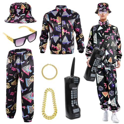 RANJIMA 80er 90er Jahre Outfit Herren Damen, 7 Stück Hip Hop Trainingsanzug Silvester Outfit Retro Trainingsanzug für Männer Frauen, Bad Taste Outfit, Faschingskostüme für Mottoparty Karneval von RANJIMA