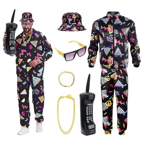 RANJIMA 80er 90er Jahre Outfit Herren Damen, 7 Stück Retro Jogginganzug Kostüm Herren,90er Trainingsanzug Kostüm Set mit Jacke Hose Hut Goldkette Armbänder Brille aufblasbares Radio für Karneval (L) von RANJIMA