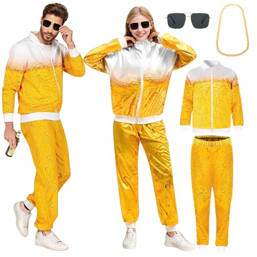 RANJIMA Faschingskostüme Herren Damen, 80er Jahre Outfit Set Jacke Hose Brille Halskette Bier Kostüm Trainingsanzug Jogginganzug, 80er Bier Anzug Oktoberfest Karneval Fasching Kostüm für Männer Frauen von RANJIMA