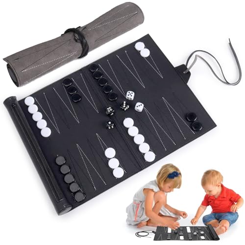 RANJIMA Backgammon Spiel Set, Klassisches Backgammon Reisespiel Back Gammon Spiel zum Aufrollen, Tragbares Reise Backgammon Brettspiele für Reisen, Unterwegs und Camper, 25.5x34.5cm, Schwarz von RANJIMA