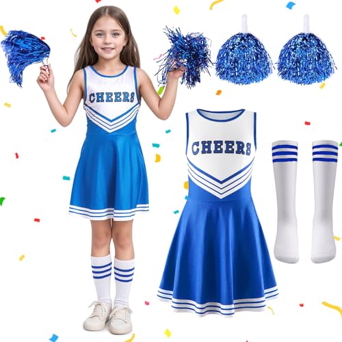 RANJIMA Cheerleader Kostüm Kinder, Faschingskostüme Kinder Cheerleading, Cheerleadering Outfit Fancy Dress Uniform mit Pompoms Socken, Schulkind Cheer Kostüm für Karneval Party Cosplay (Blau, 140) von RANJIMA