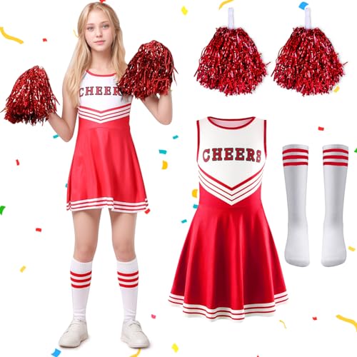 RANJIMA Cheerleader Kostüm Kinder, Faschingskostüme Kinder Cheerleading, Cheerleadering Outfit Fancy Dress Uniform mit Pompoms Socken, Schulkind Cheer Kostüm für Karneval Party Cosplay (Rot, 120) von RANJIMA