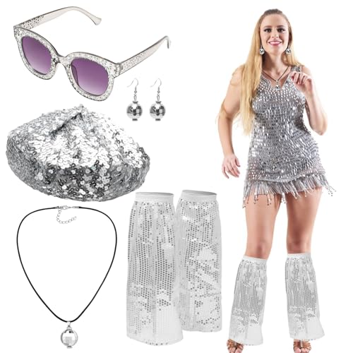 RANJIMA 7stk Disco Accessoires 70er Jahre Kostüm Glitzer Baskenmütze Disco Hut Pailletten Stulpen Disco Brille Sonnenbrille Discokugel Ohrringe 70er 80er Jahre Outfit Damen für Fasching Party Karneval von RANJIMA