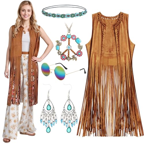 RANJIMA Fransenweste Hippie Kleidung Damen, Hippie Kostüm Damen Set mit Fransenweste 60er 70er Hippie Accessoires,Hippie Kleidung Bekleidung Disco Outfit Damen Zubehör Karneval Fasching (Braun, XL) von RANJIMA