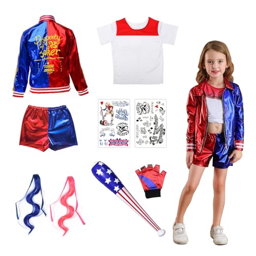 RANJIMA Halloween Karneval Cosplay Kostüme für Kinder, Harly Quin Kostüme für Damen Mädchen Bösewicht Suicide Kostüm mit Handschuh, Jacke, T-Shirt, Shorts, Netzstrümpfe, Tatto Baseballschläger (150) von RANJIMA