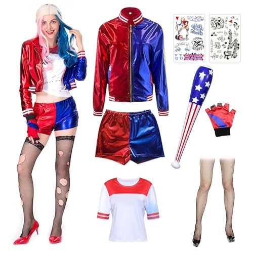 RANJIMA Harly Quin Kostüme für Erwachsene, Quinn Kostüme für Damen Mädchen Halloween Karneval Cosplay Kostüme Set mit Handschuh, Jacke, T-Shirt, Shorts, Netzstrümpfe, Tatto, Baseballschläger (M) von RANJIMA