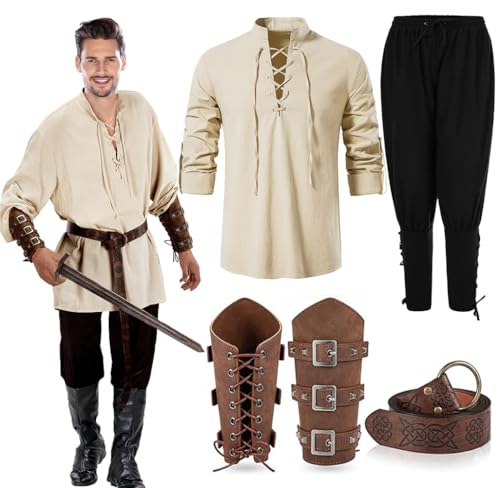 RANJIMA Herren Mittelalter Kostüm Set, Herren Renaissance Kostüm Set mit Gürtel, Handgelenkschützer, Leinenhemd Herren Mitteralter Hemd und Hose, Viktorian Viking Kostüm für Karneval Cosplay (XXL) von RANJIMA