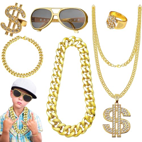 RANJIMA Hip Hop Kostüm Set, 6pcs 80s 90s Zuhälter Kostüm Set Dollarzeichen Goldkette Sonnenbrille Goldring Hippie Costume für Karneval Cosplay Party von RANJIMA