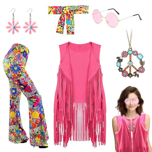 RANJIMA Hippie Kleidung, 60er 70er Jahre ärmellose Weste, Hippie Kostüm Damen Set mit Fransenweste Schlaghose Hippie Accessoires, Kleidung Bekleidung Disco Outfit Faschingskostüm Mädchen (L) von RANJIMA