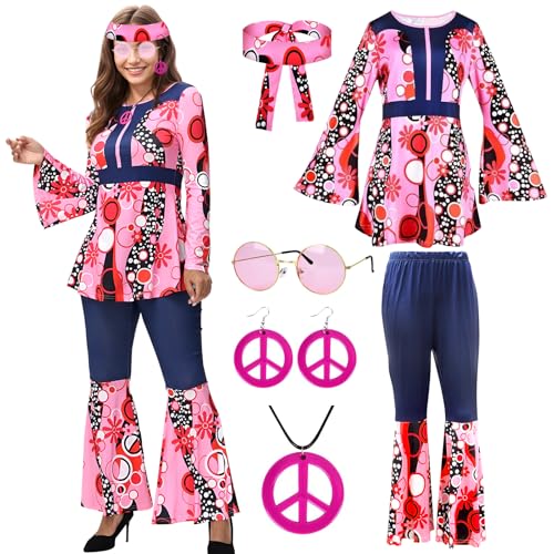 RANJIMA Hippie Kostüm Damen, Hippie Kostüm Damen Set mit 70er Jahre Kleid Hippie Accessoires,Hippie Mottoparty Kostüm, Hippie Bekleidung Kleidung Schlaghose für Damen Disco Outfit (A, L) von RANJIMA