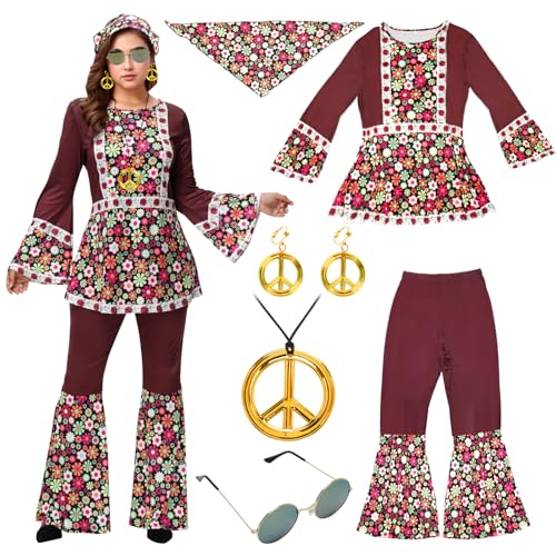 RANJIMA Hippie Kostüm Damen, Hippie Kostüm Damen Set mit 70er Jahre Kleid Hippie Accessoires,Hippie Mottoparty Kostüm, Hippie Bekleidung Kleidung Schlaghose für Damen Disco Outfit (B, L) von RANJIMA