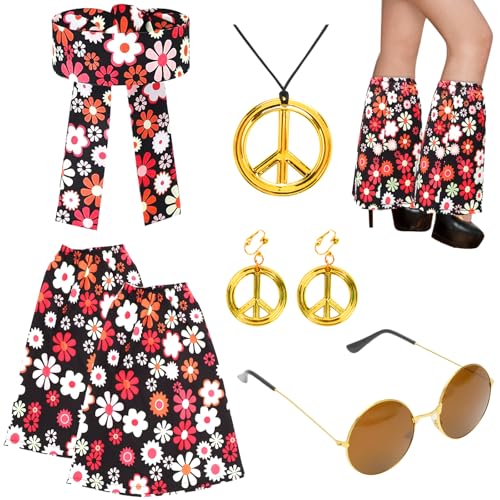 RANJIMA Hippie Kostüm Damen Set, 70er Jahre Damen Hippie Outfit 60er Hippie Kleidung Damen Accessoires mit Stirnband Beinstulpen Frieden Zeichen Halskette Sonnenbrillen für Karneval Halloween Cosplay von RANJIMA