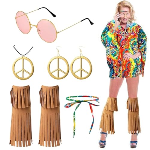 RANJIMA Hippie Kostüm Damen Set,6 Stück Damen Poncho Set, Karneval Kostüm Damen Hippie,60er 70er Hippie Kostüm Accessoires mit Poncho Halskette Ohrringe Sonnenbrillen,für Karneval Disco Party Cosplay von RANJIMA