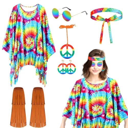 RANJIMA Hippie Kostüm Damen Set mit Hippie Poncho Damen und Zubehör, 60er 70er Jahre bekleidung Damen Disco Outfit Fasching Hippie kleidung Damen Boho Indianerin Poncho Flower Power Cowgirl Kostüm (B) von RANJIMA