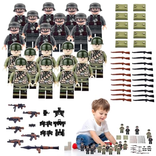 RANJIMA Mini Figures Military Kit, 20 Stücke Militär Soldaten Spielset mit Actionfiguren und Waffenzubehör, Baustein Spielzeug, Militärspielzeug Kampfspielzeug für Kinder Rollenspiele Geschenk von RANJIMA