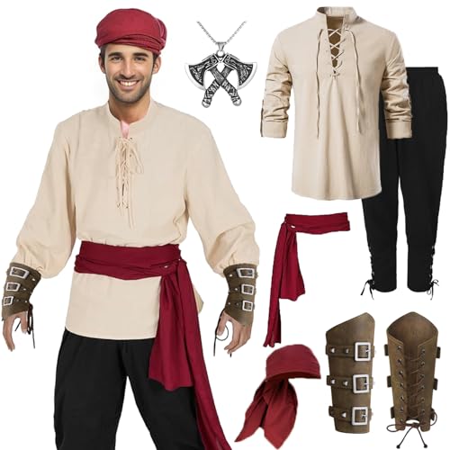 RANJIMA Mittelalter Kleidung Herren Set, Herren Renaissance Kostüm Set, Handgelenkschützer, Leinenhemd Herren Mitteralter Hemd,Hose Stirnband Gürtel,Viktorian Viking Kostüm für Karneval Cosplay (XL) von RANJIMA