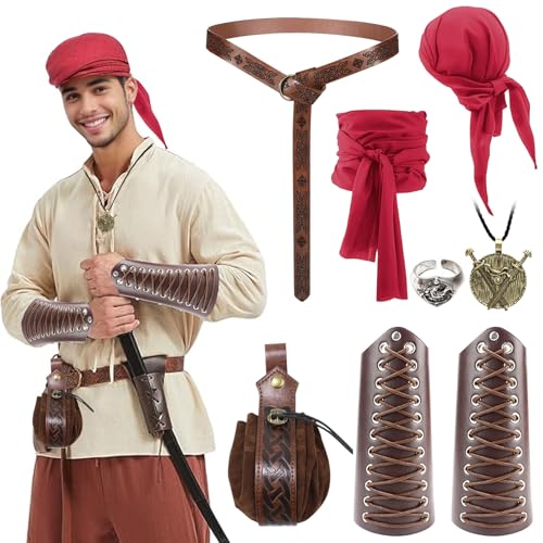 RANJIMA Mittelalter Piratenkostüm Zubehör Set, 8 Stück Piraten Kostüm Zubehör Damen Herren,Mittelalter Kleidung Accessoires mit Piraten Stirnand Taillengürtel Geldbeutel Armschienen für Karneval Party von RANJIMA