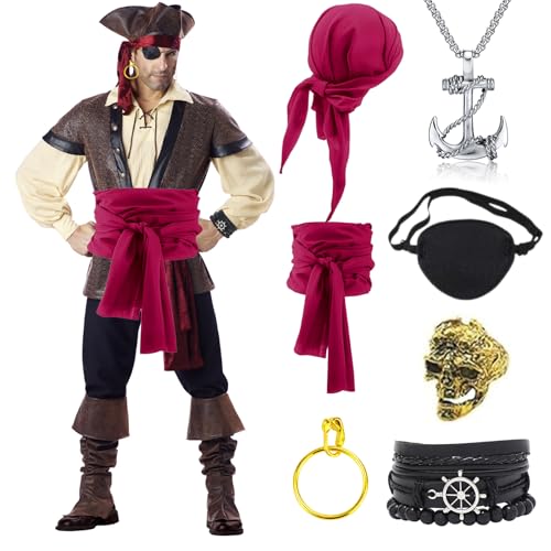 RANJIMA Mittelalter Piratenkostüm Zubehör Set Damen Herren, 7PCS Pirate Accessories Set Piraten Verkleidung Karneval Kostüm mit Kopftuch Augenklappe Halskette Hüfte Tuch für Fasching Karneval Cosplay von RANJIMA