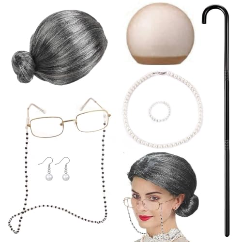 RANJIMA Old Lady Kostüm Großmutter Cosplay Zubehör Set, 8 Stück Oma Perücke Perücke Kappe Oma Brille Brillen Ketten Armband Perlenkette, Alte Dame Cosplay Set für Fasching Karneval Damen Mädchen von RANJIMA