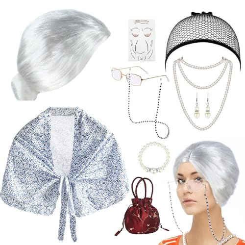 RANJIMA Oma Kostüm, Oma Kostüm Alte Frau, Old Lady Kostüm Großmutter Cosplay Zubehör Set,10 Teiliges Oma Perücke Kostüm Accessoire Set, Verkleidung für Fasching Karneval Damen Mädchen von RANJIMA