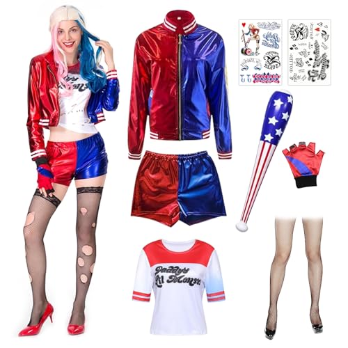 RANJIMA Harly Quin Kostüme für Erwachsene, Quinn Kostüme für Damen Mädchen Halloween Karneval Cosplay Kostüme Set mit Handschuh, Jacke, T-Shirt, Shorts, Netzstrümpfe, Tatto, Baseballschläger (XXL) von RANJIMA