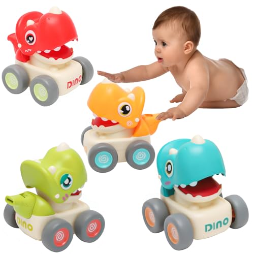 RANJIMA Baby Auto Spielzeug ab 1 Jahre Junge Mädchen,4er Dinosaurier Baby Press and Go Auto,Spielfahrzeug Set ab 1 2 3 Jahren,Spielzeugauto Geschenke für Baby Kinder Weihnachten Halloween Silvester von RANJIMA