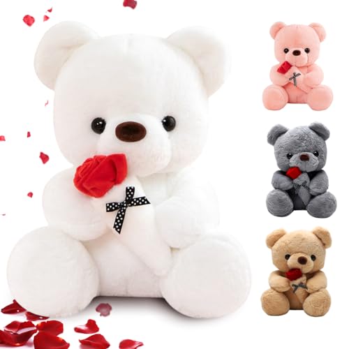 RANJIMA Teddybär 35cm, Teddy Plüschbär mit Rose Plüsch-Bär Süße Geschenke für Freundin Frauen Teddybär Plüschteddy Kuscheltier Schmusetier zum Geburtstag, Weiß von RANJIMA