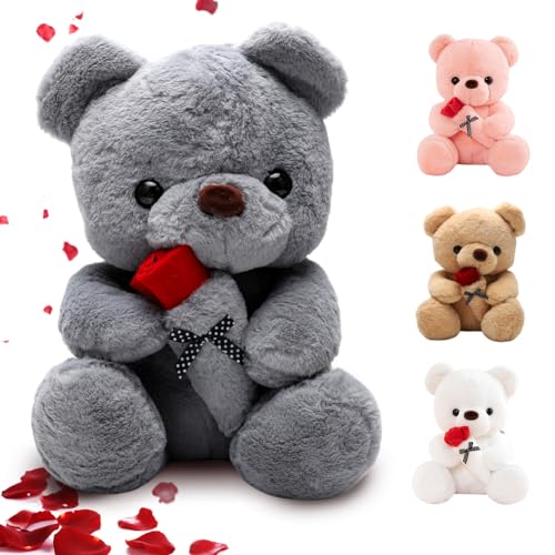 RANJIMA Teddybär 35cm, Teddy Plüschbär mit Rose Plüsch-Bär Süße Geschenke für Freundin Frauen Teddybär Plüschteddy Kuscheltier Schmusetier zum Geburtstag, Grau von RANJIMA