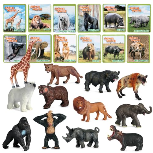 RANJIMA Waldtiere Figuren Set, 12pcs Safari Tiere Figur Spielzeug mit Flash-Karten, Realistische Mini Figuren Wald Tiere Figuren Miniatu, Lernspielzeug für Wissenschaftsprojekte Kuchenparty Dekoration von RANJIMA