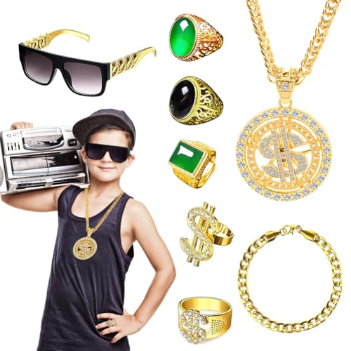 RANJIMA Zuhälter Kostüm, 8 Stück Hip Hop Rapper Kostüm, 80er/90er Jahre Outfit Herren, Goldene Rapper Hip Hop Kostüm mit Gold Ring Armband Ketten Sonnenbrille für Cosplay Karneval Fasching Mottoparty von RANJIMA