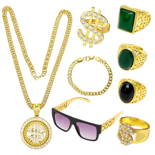 RANJIMA Zuhälter Kostüm Set 70er 80er 90er Jahre, 8 Stück 80er/90er Jahre Outfit für Herren, Goldkette, Sonnenbrille, Ring, Armband, für Karneval, Fasching, Mottoparty,Thema Party,Cosplay von RANJIMA