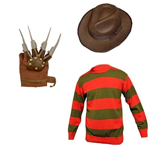 RARA® Freddy Krueger Horror-Kostüm, Pullover mit Hut und Krallenhandschuhen, für Herren, Halloween, Albtraum auf Elm Street, für Herren, Größe L von RARA