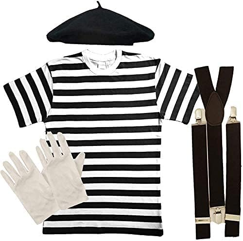 RARA® Herren French MIME Kostüm Set, schwarz-weiß gestreiftes T-Shirt, schwarz/marineblau, Baskenmütze, weiße Handschuhe und Hosenträger, Zirkuskünstler, Junggesellenabschied, Outfit Gr. von RARA