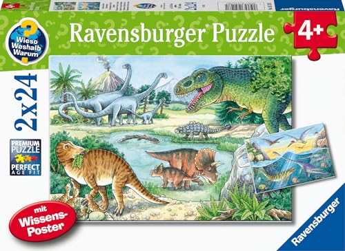 Ravensburger Kinderpuzzle - 05128 Saurier und ihre Lebensräume - 2x24 Teile Wieso? Weshalb? Warum? Puzzle für Kinder ab 4 Jahren von Ravensburger