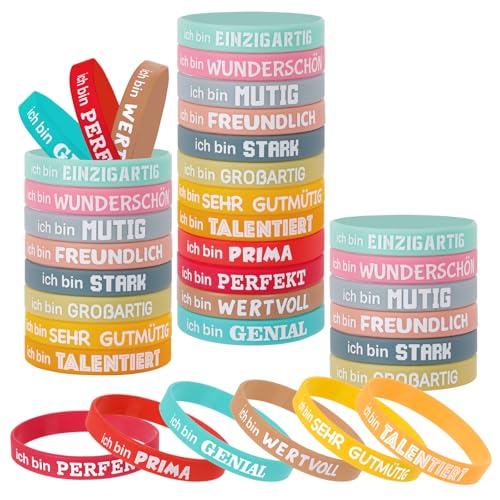 RBDDBR 36 Stück Motivationsarmbänder auf Deutsch, 20,2cm Silikon Armbänder mit Inspirierenden Sprüchen, Buntes Positiven Gummiarmbänder, Party Mutmacher Geschenke für Teenager Studenten Kinder von RBDDBR