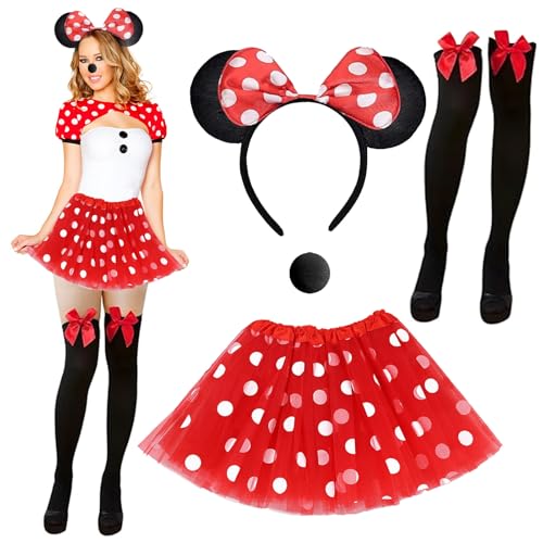 RCYHCY 4 Stück Damen Maus Mouse Kostüm, Mouse Kostüm Damen, rote Tutu mit weiß Gepunktet, Maus Ohren mit roter Schleife, Mini Maus Kostüm Set Für Fasching Karneval Kostümparty von RCYHCY