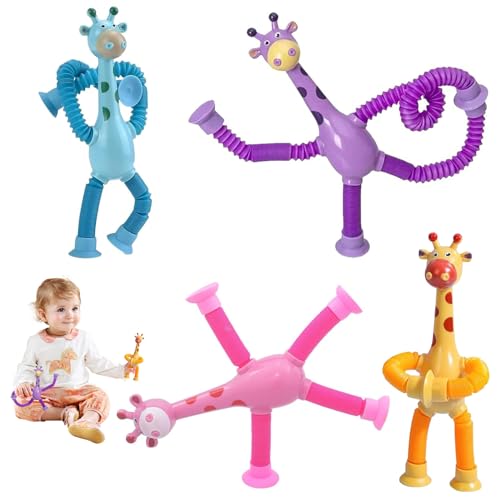 4 Stück Telescopic Suction Cup Giraffe Toy, Giraffe Pop Röhren Sensorik Spielzeug, Teleskop Saugnapf Giraffen Spielzeug, Lustiges Pädagogisches Stressabbau-Spielzeug für Kinder und Erwachsene von RCYHCY