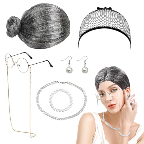 7 Pièces Oma Perücke Kostüm Accessoire Set, Old Lady Kostüm Großmutter Cosplay Zubehör Set, Alte Dame Perücke, Großmutter Perücke Kappe Oma Brille mit Ketten Perlenkette für Karneval Halloween von RCYHCY