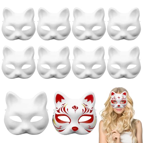 RCYHCY 10 Stück Katzenmasken, Therian Mask, Weißes DIY Masken zum Anmalen für Kinder Erwachsene, Leere Cat Mask mit Elastischer Kordel, DIY Papier Maske Halloween, Karneval, Fasching, Cosplay von RCYHCY