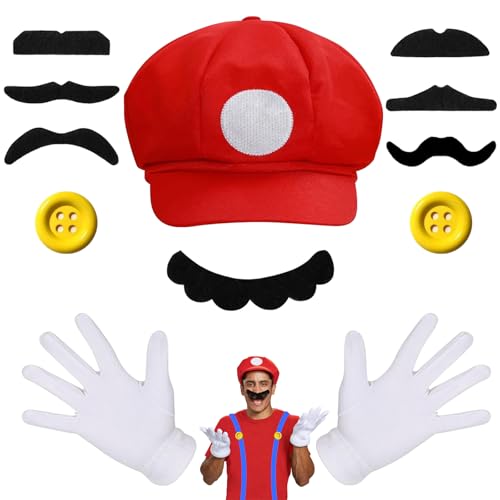 RCYHCY 12 Stück Super bros kostüm Accessories, Super Bros Mütze rot und grün Hut, Kostüm Accessories Mütze Handschuhe Hut Bart Knöpfe für Fasching Halloween Karneval Cosplay von RCYHCY